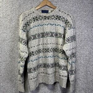 Vintage Van Heusen Sweater Mens Large Gray Fair Isle Wool Cotton Knit USA 90s